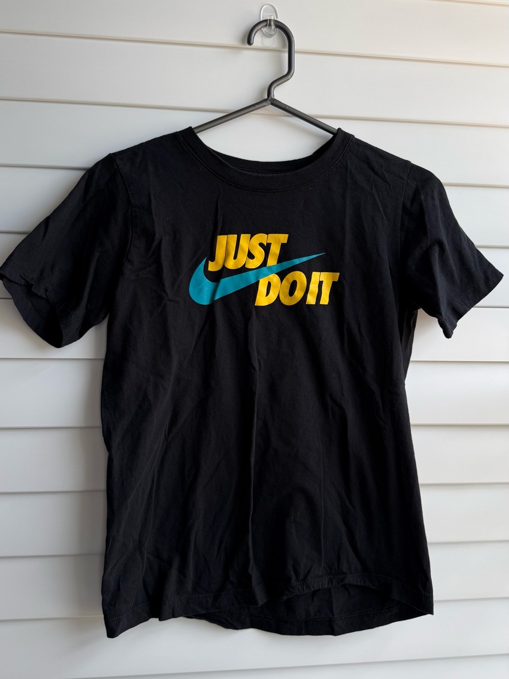 Nike "Just Do It" Black Tee with Teal Swoosh and Yellow Text | Boys size Large